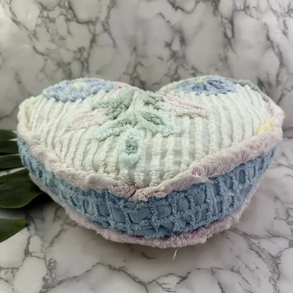 Blue Moon Vintage 90s Chenille Heart Shaped Throw Pillow White Pink Floral